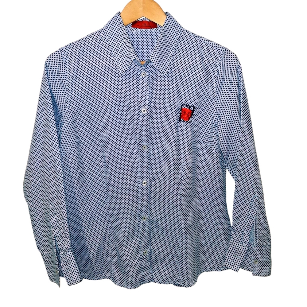 Carolina Herrera Blue White Polka Dot Button-Down Shirt with Red Pocket Detail